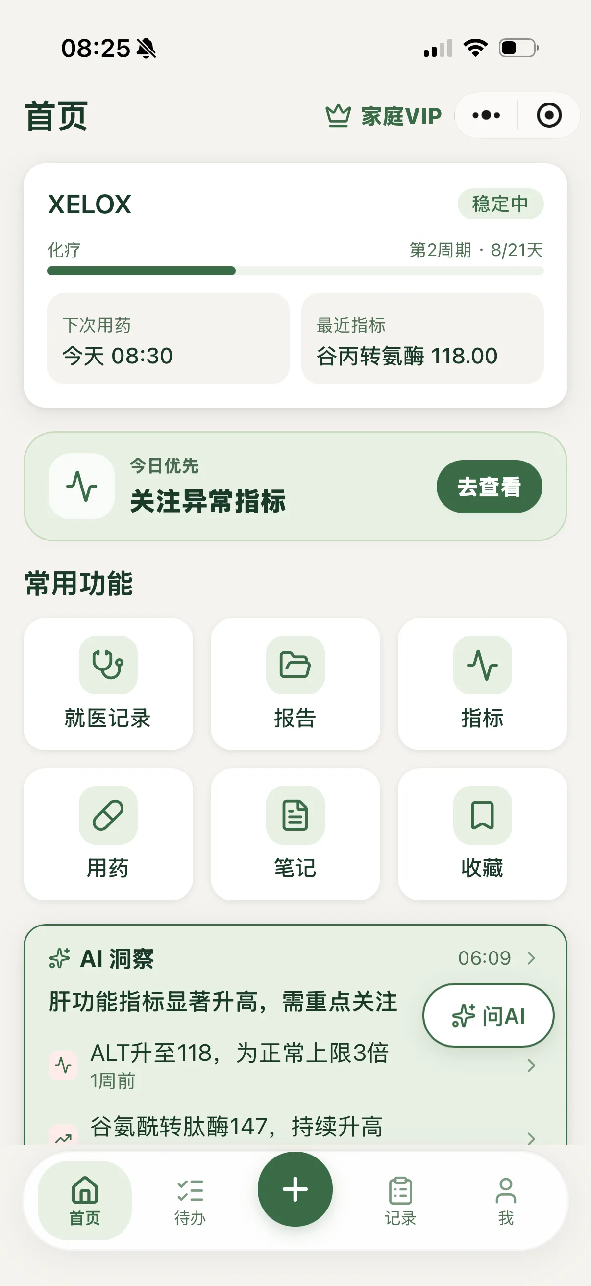 愈之书小程序首页，展示治疗方案进度、异常指标、今日优先行动和 AI 洞察